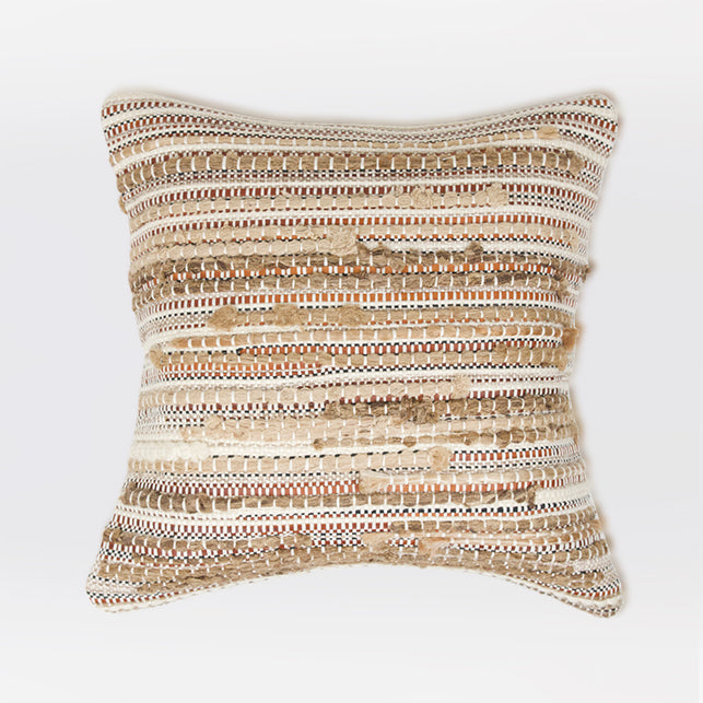 HOUSSE DE COUSSIN ZAGORA 50x50 cm - CRÉATION SPÉCIALE TISSÉE MAIN - CUIR, JUTE, LAINE ET SOIE